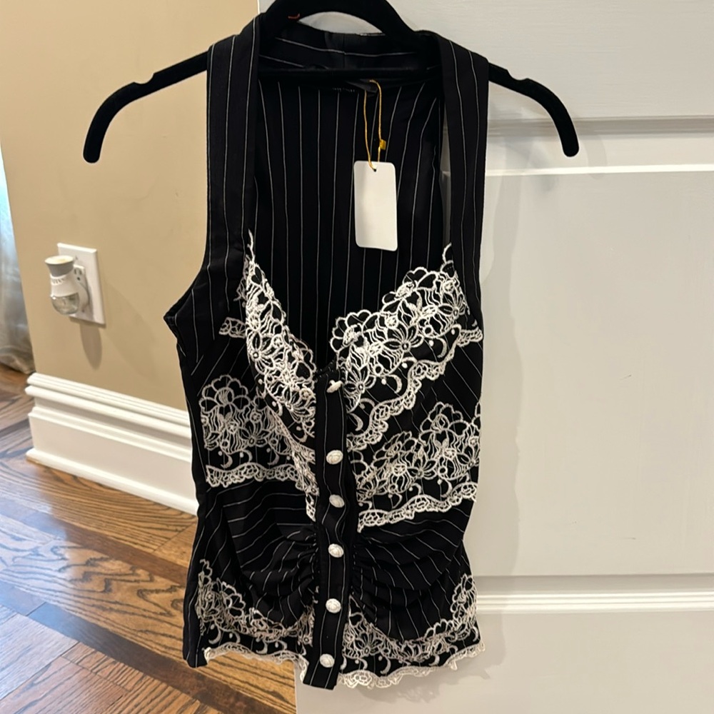 Black Lace-Trim Pinstripe Tank Top